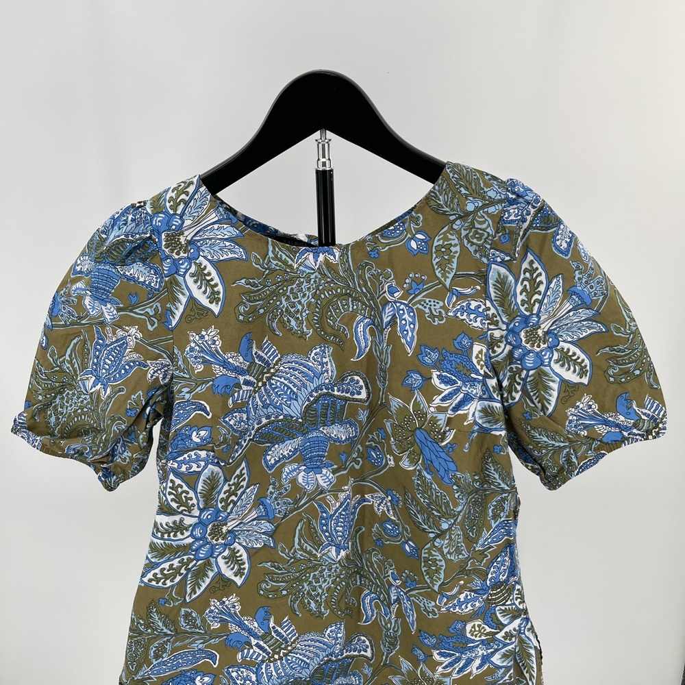 Talbots Floral Short Sleeve Tie Neck Blouse S 100% Cotton Olive Blue White
